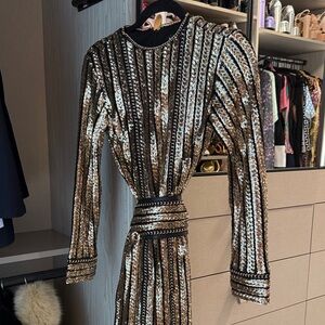 NADINE MERABI Black and Gold Sequin Long Sleeve Dress